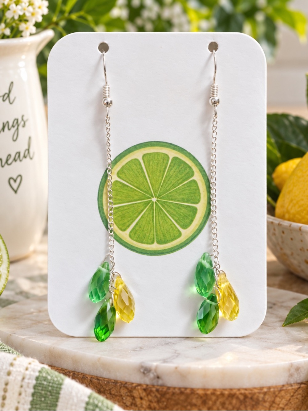 New Handmade Green Yellow Raindrop Dangle Earrings Silver Tone 3.4”